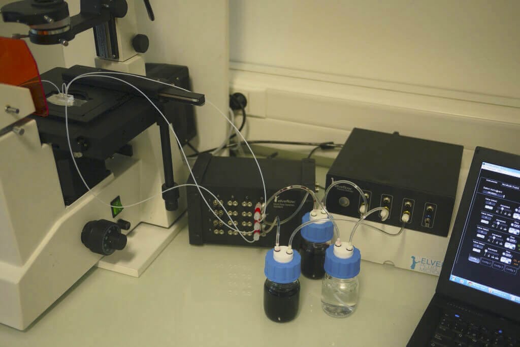 Microfluidic fast medium switch (OB1+MUX) Full setup