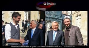 Adrien plecis and guilhem velve casquillas meet jean-marc ayrault for the Worldwide 2030 Innovation contest