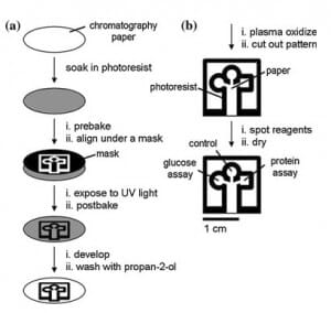 Fabrication of paper-based microfluidic device using photolithography technique (described by Martinez et al. 2007)