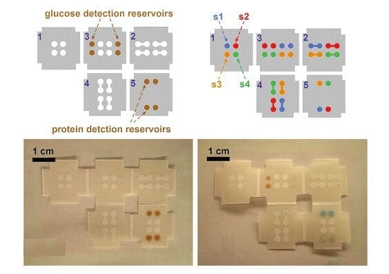 Schematic diagrams and photographe of the unfolded 3-Ddevice ( glucose and BSA assay )after completion of theassay.Thecolor change from colorless to brown indicated the presence of glucose in samples (Liu and al. 2011)