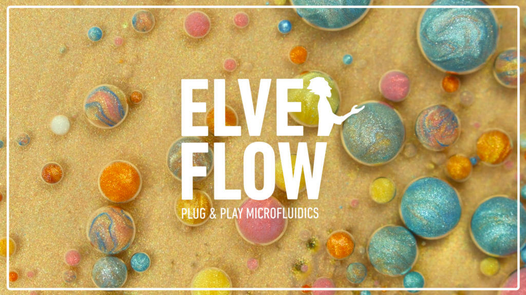 Microfluidic poetry with Elveflow logo, paintings and droplets, colors