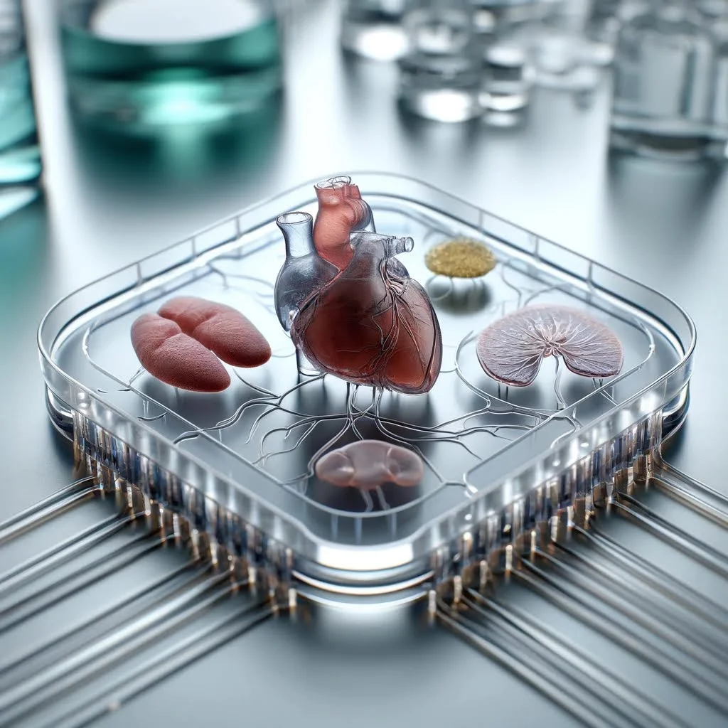 Organs on chip represented like a collection of realistic human organs cultured in a lab dish, interconnected by a complex wiring system.