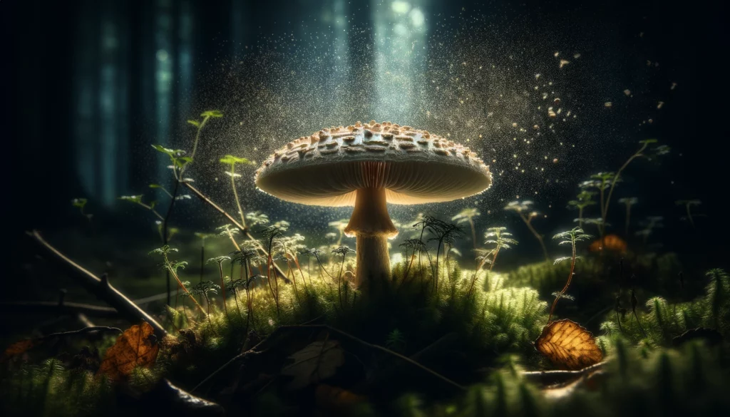 AI iamge of Sproe dispersal from a mushroom in a dark forest with a ray of light